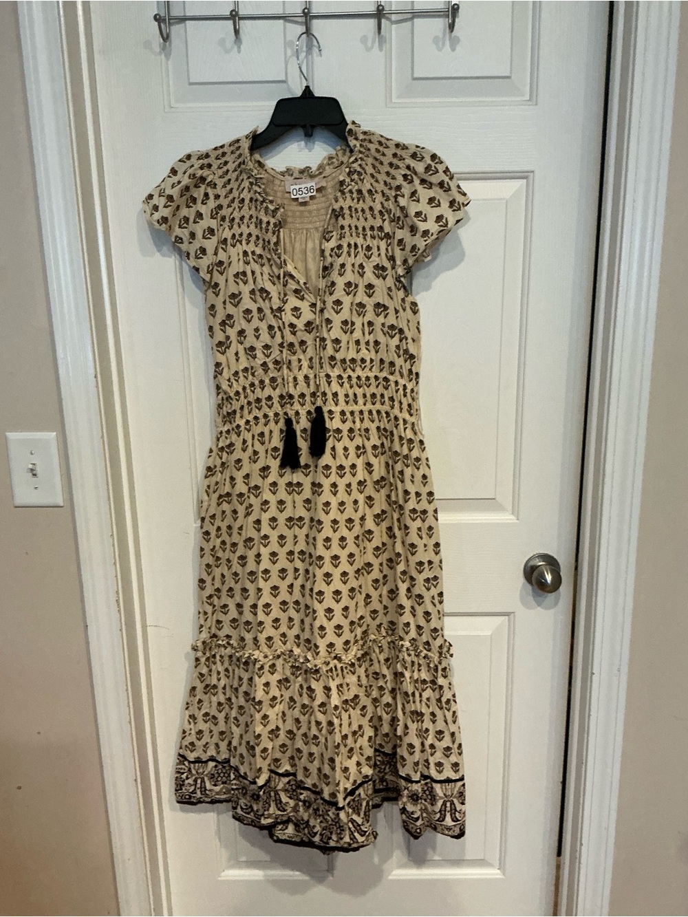 Philosophy Cream Printed Midi Dress with Black Tassels